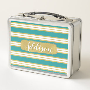 Aqua Blue Gold Stripe Pattern Custom Name Metal Lunch Box
