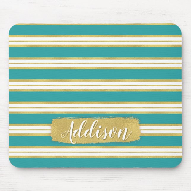 Aqua Blue Gold Stripe Pattern Custom Name Mouse Pad (Front)