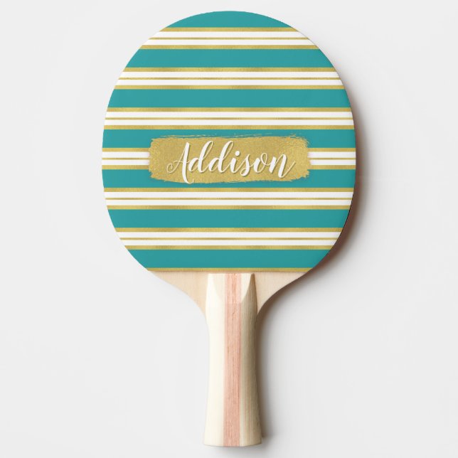 Aqua Blue Gold Stripe Pattern Custom Name Ping Pong Paddle (Front)