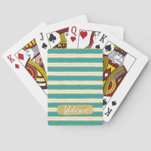 Aqua Blue Gold Stripe Pattern Custom Name Playing Cards