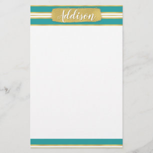 Aqua Blue Gold Stripe Pattern Custom Name Stationery