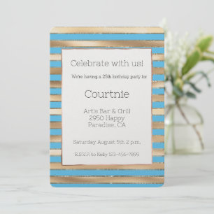 Aqua Blue Gold Stripes Birthday Invitation