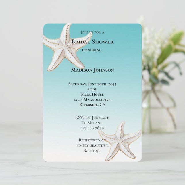 Aqua Blue Gold White Starfish Beach Bridal Shower Invitation (Standing Front)