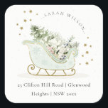 Aqua Blue Gold Winter Sleigh Christmas Address Square Sticker<br><div class="desc">Chill Out Sleigh Winter Theme Collection.- it's a cute pastel watercolor Illustration of Aqua blue gold sleigh filled with Christmas pine tree, gifts and winter berries with classy gold star frame and snowfall in the background. Perfect for your little ones winter birthday party. It’s very easy to customise, with your...</div>