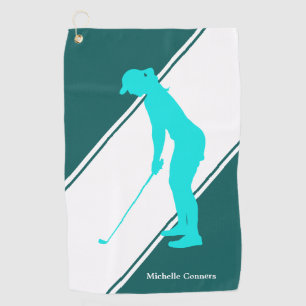 Aqua Blue Golfer on Teal White Golf Towel