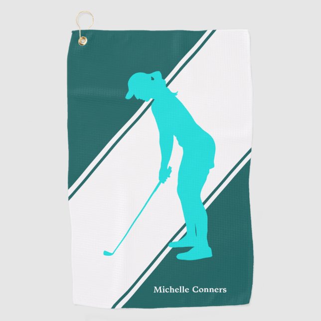 Aqua Blue Golfer on Teal White Golf Towel (Front)