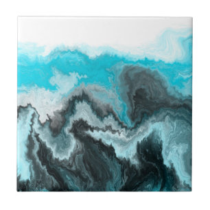 Aqua Blue Gray and Black Waves Abstract Modern Art Ceramic Tile
