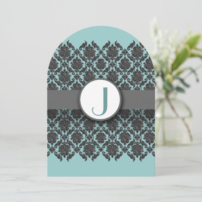 Aqua Blue Gray  Bevel Damask  Wedding Invitation (Standing Front)