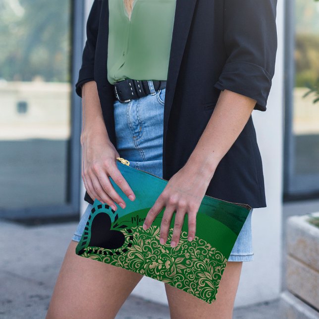 Aqua Blue Green Chic Floral Heart Accessory Pouch (Aqua Blue Green Chic Floral Heart Accessory Pouch, green shirt
)