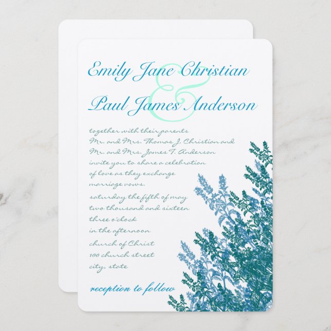 Aqua Blue Green Flowers Wedding Invitation (Front/Back)