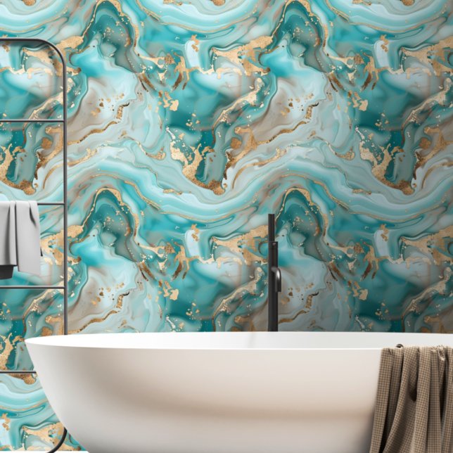 Aqua Blue Green Gold Marbled  Wallpaper (Creator Uploaded)