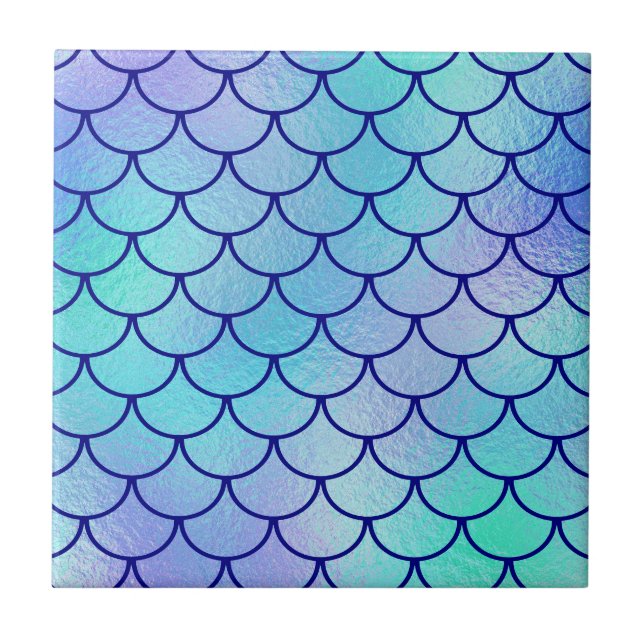 Aqua Blue Green Iridescent Mermaid Scales Ceramic Tile (Front)