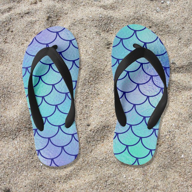 Aqua Blue Green Iridescent Mermaid Scales Kid's Thongs (Aqua Blue Green Mermaid Scales Girly Flip Flops)