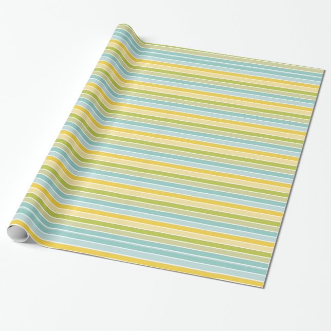 Aqua Blue Green Lemon Yellow Stripes Birthday Wrapping Paper (Unrolled)