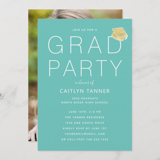 Aqua Blue-Green Modern Photo Graduation Party Invitation (Front/Back)