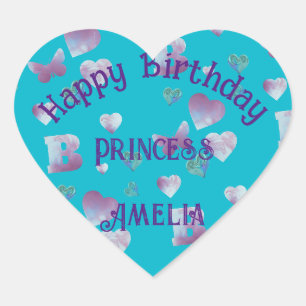 Aqua/blue-green, pink hearts & butterflies balloon heart sticker