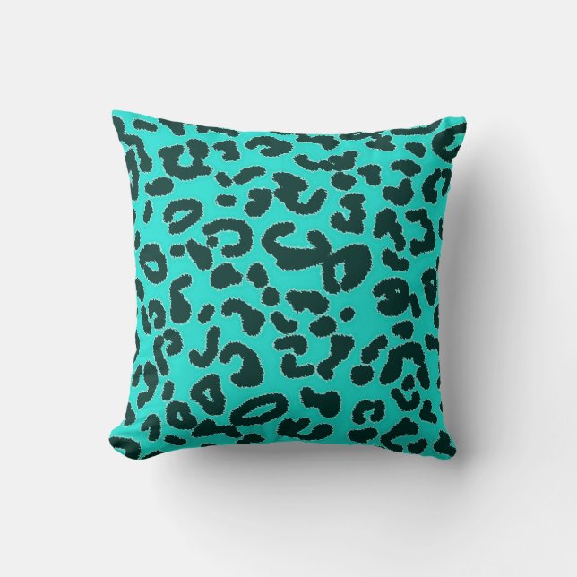 Aqua Blue-Green, Turquoise Leopard Animal Print Cushion (Front)