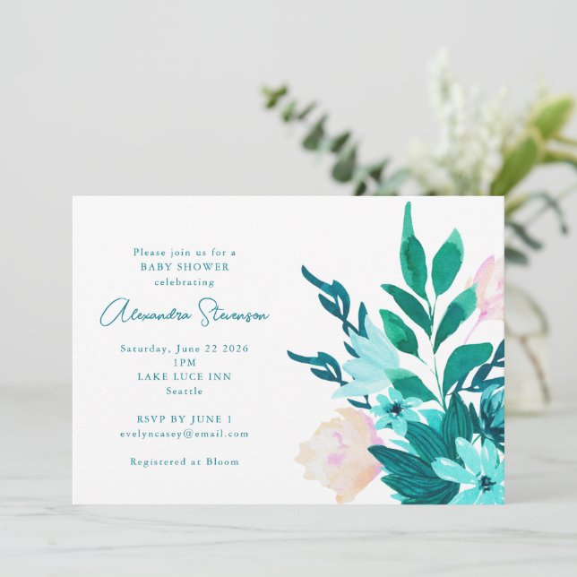 Aqua Blue Green Watercolor Floral Baby Shower Invitation (Standing Front)