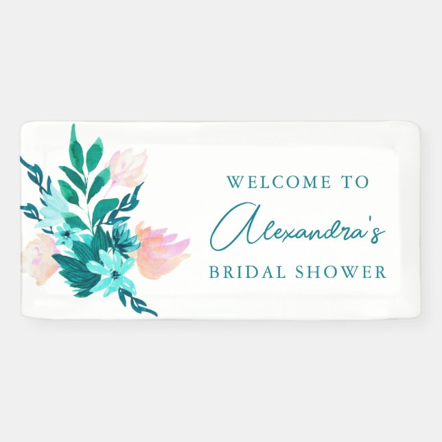 Aqua Blue Green Watercolor Floral Bridal Shower Banner (Horizontal)