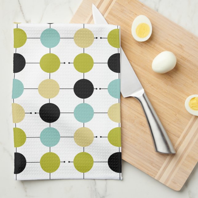 Aqua Blue Green Yellow Circles On Black Lines Tea Towel (Quarter Fold)