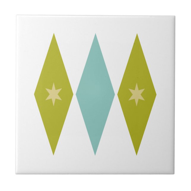 Aqua Blue Green Yellow Diamonds Stars Mid Century Ceramic Tile (Front)
