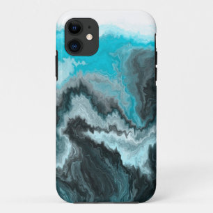 Aqua Blue Grey and Black Waves Abstract Modern Art iPhone 11 Case
