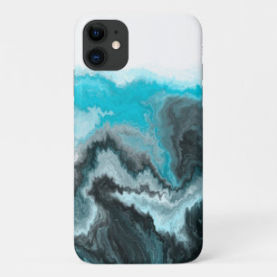 Aqua Blue Grey and Black Waves Abstract Modern Art iPhone 11 Case