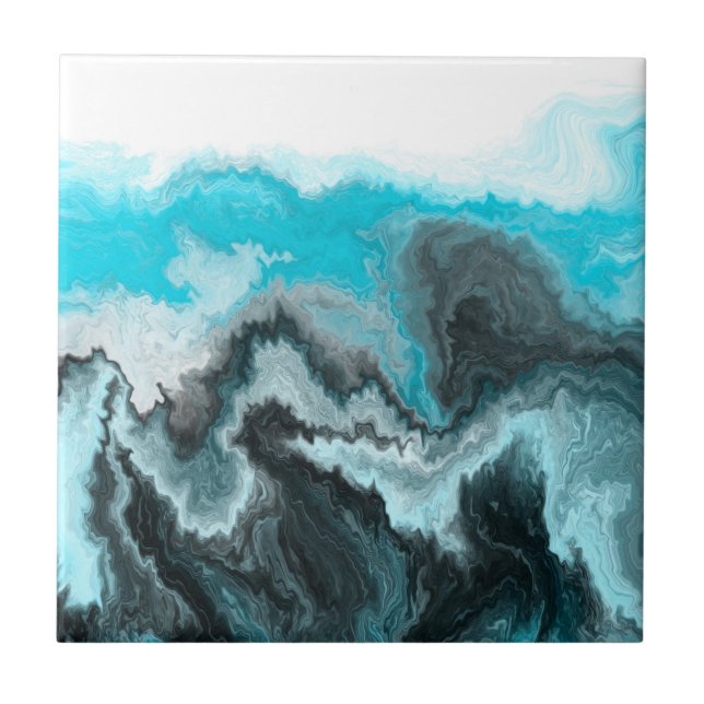 Aqua Blue Grey and Black Waves Abstract Modern Art Ceramic Tile (Front)