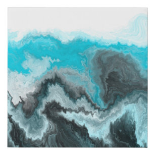 Aqua Blue Grey and Black Waves Abstract Modern Art Faux Canvas Print