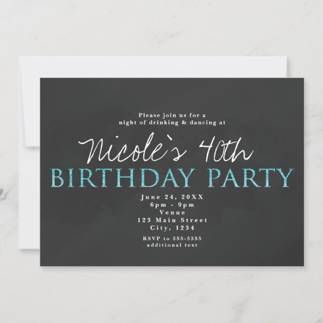 Aqua Blue & Grey Any Age Birthday Party Invitation (Front)