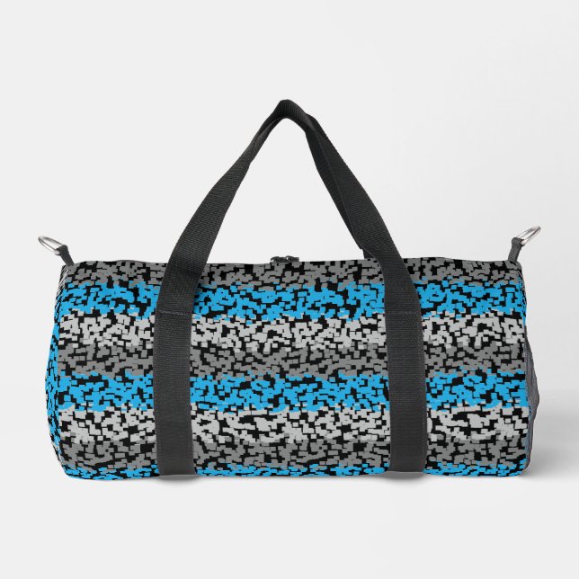 Aqua blue grey black digital pixelated stripes duffle bag (Front)