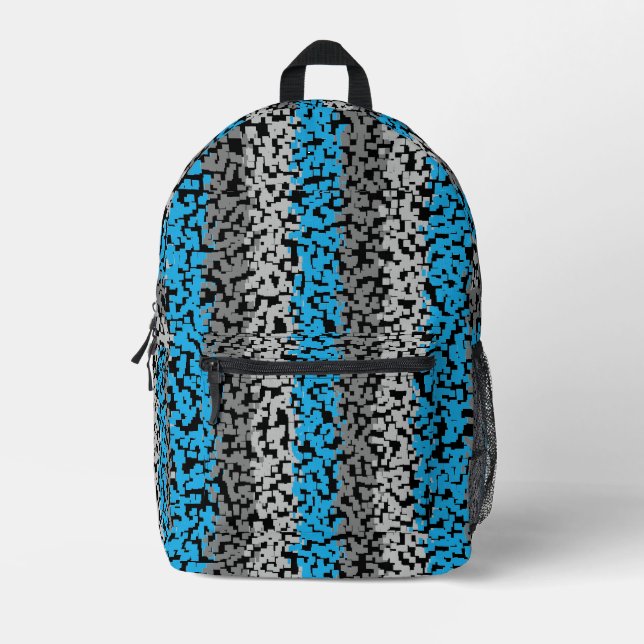 Aqua blue grey black digital pixelated stripes printed backpack (Front)