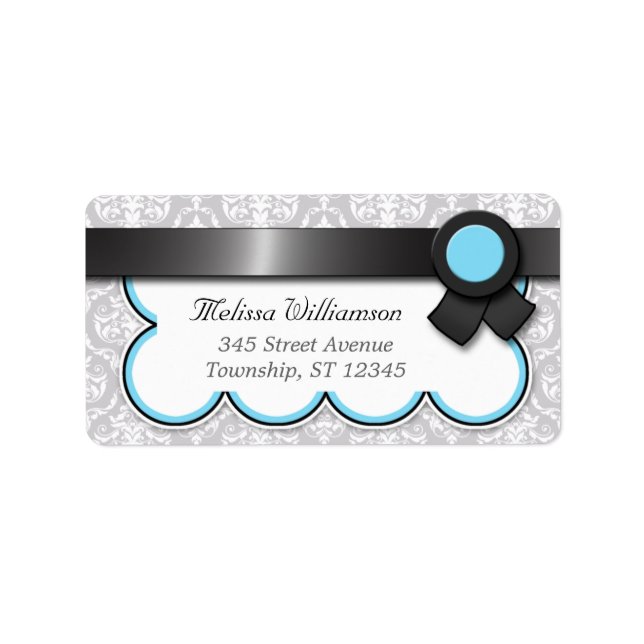 Aqua Blue & Grey Damask Address Labels (Front)