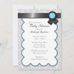 Aqua Blue & Grey Damask Baby Shower Invitations