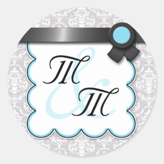 Aqua Blue & Grey Damask Double Monogram Stickers