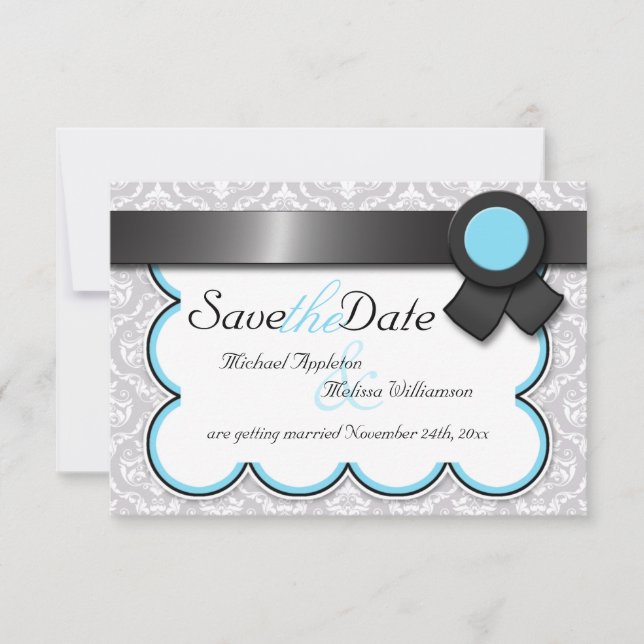 Aqua Blue & Grey Damask Save the Date Announcement (Front)