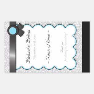 Aqua Blue & Grey Damask Wedding Wine Bottle Labels
