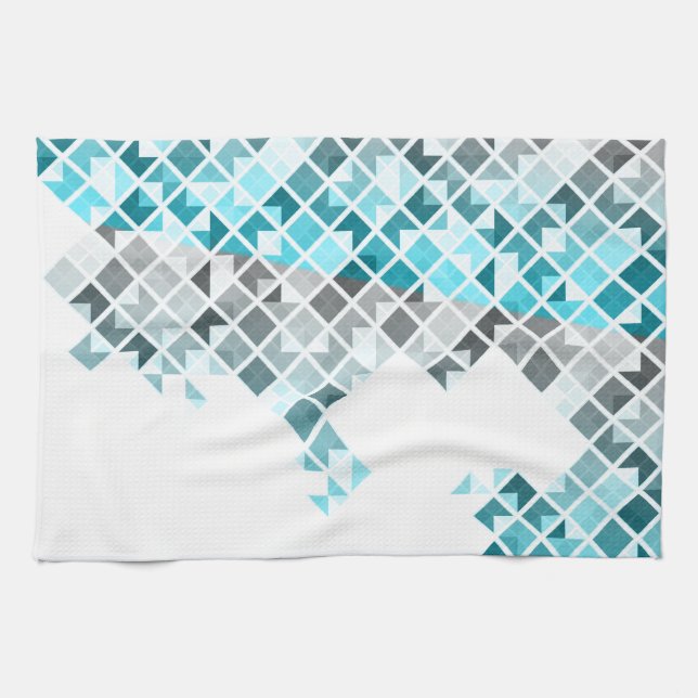 Aqua Blue, Grey & White Geometric Pattern Tea Towel (Horizontal)