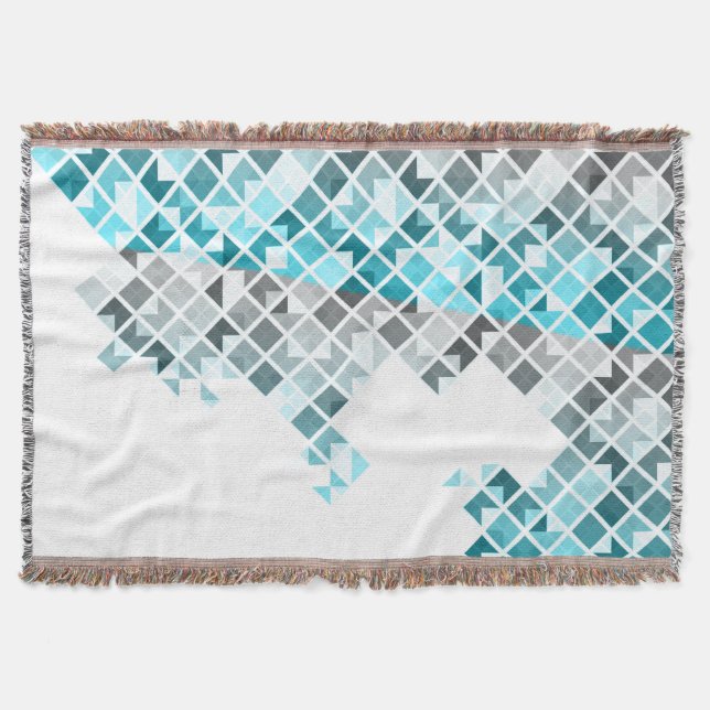 Aqua Blue, Grey & White Geometric Pattern Throw Blanket (Front)