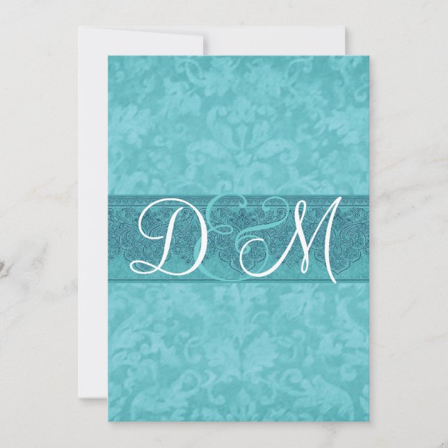 Aqua Blue Grunge Damask  Wedding Invitation (Front)