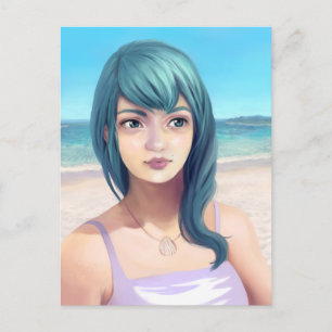 Aqua - Blue Haired Pretty Girl on Beach Postcard