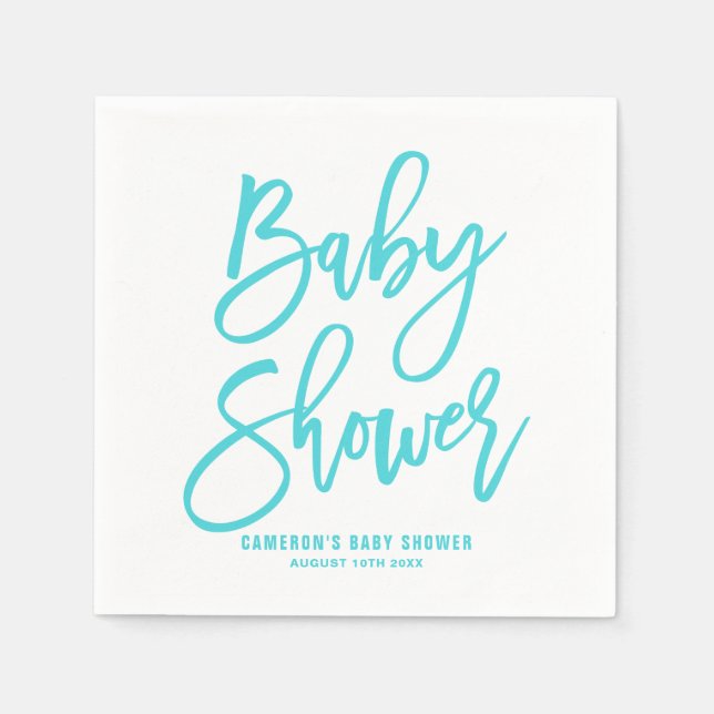 Aqua Blue Hand Lettered Baby Shower Paper Napkins (Front)