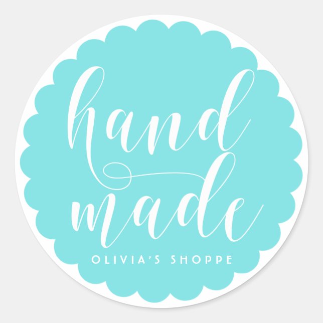 Aqua Blue Hand Made Modern Calligraphy Business Classic Round Sticker (Front)