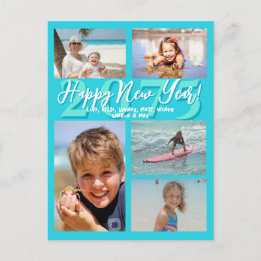 Aqua Blue Happy New Year Five Photo Postcard