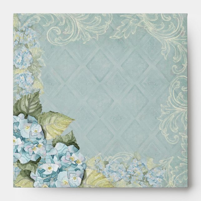 Aqua Blue Hydrangea Swirl Floral Flower Wedding Envelope (Front)