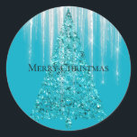 Aqua Blue Icicles Sparkle Christmas Tree Classic Round Sticker<br><div class="desc">Aqua Blue Icicles Sparkle Glitz Glam Christmas Tree</div>