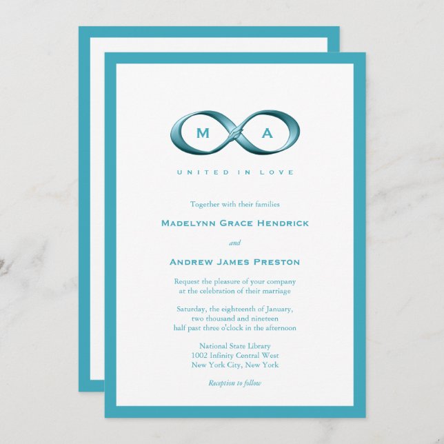 Aqua Blue Infinity Hand Clasp Wedding Invite (Front/Back)