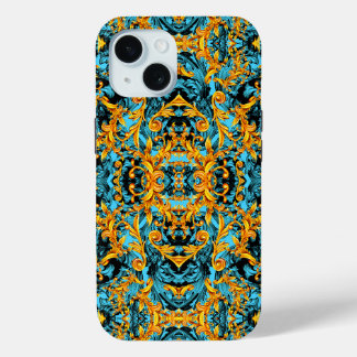 AQUA BLUE ITALIAN BAROQUE PRINT ORNAMENTAL iPhone 15 CASE