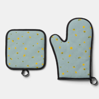 Aqua Blue Japanese Dandelion Floral Pattern Oven Mitt & Pot Holder Set