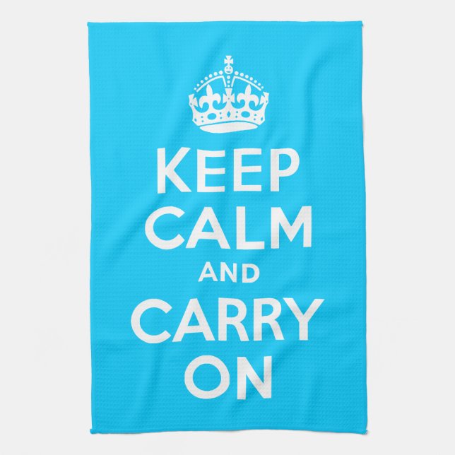 Aqua Blue Keep Calm and Carry On Tea Towel (Vertical)